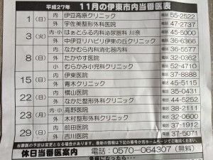 11月の伊東市ない休日当番医表が新聞に入ってました