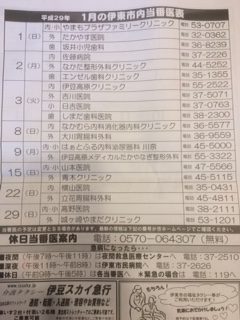 2017年1月　伊東市休日医当番医表